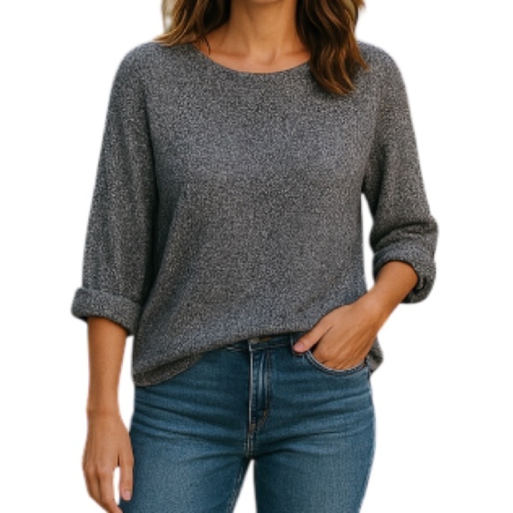 H&M Navy Marled Sweater Relaxed Fit 1/2 Dolman Sleeve Soft Cotton Coastal XS